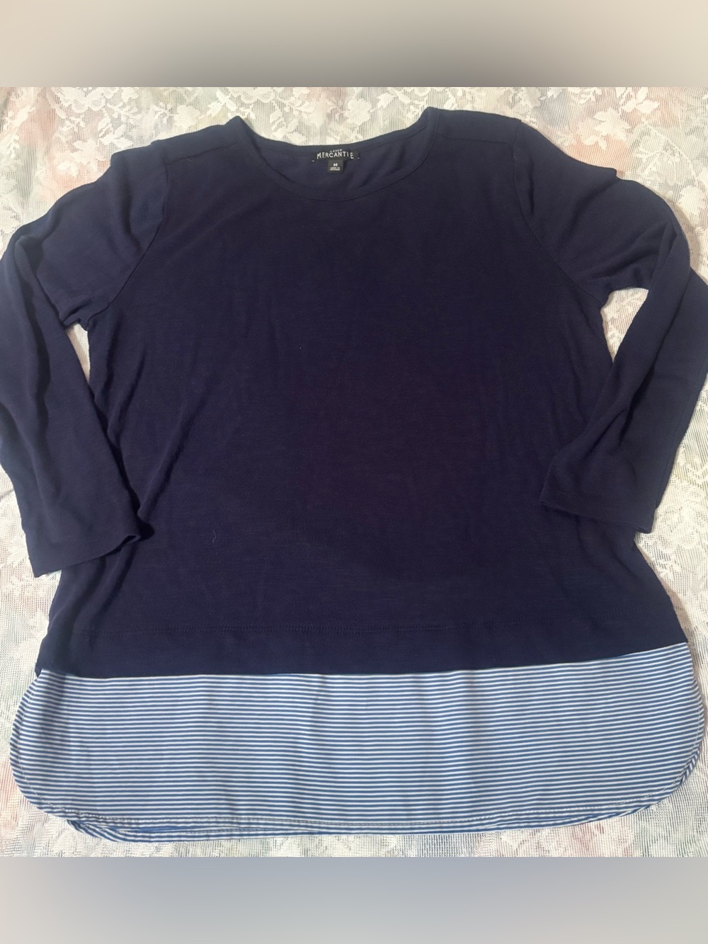J. Crew Navy Long Sleeve Top with Blue & White Striped Hem